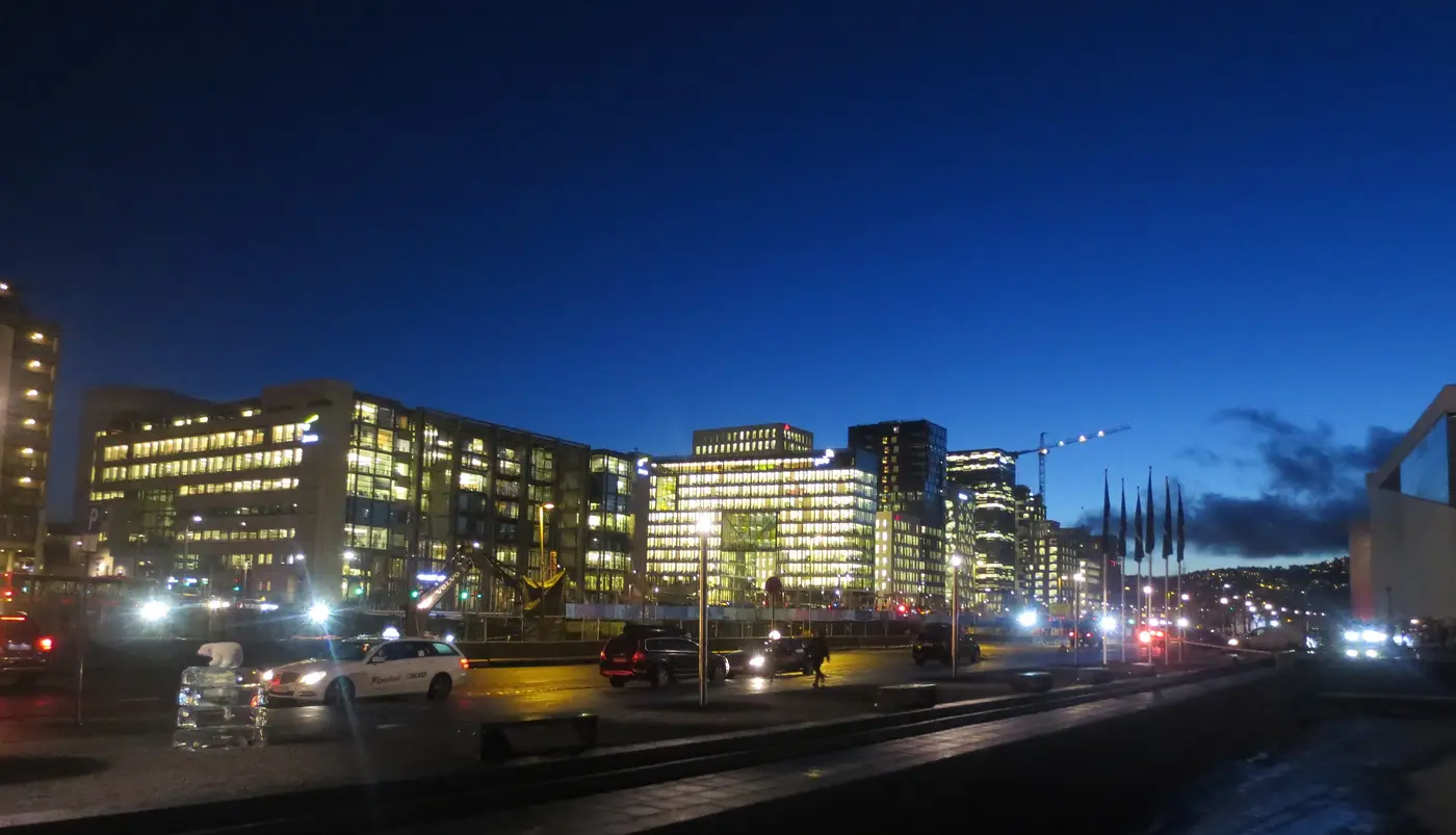 Commercial buildings in Bjørvika, Oslo, at blue hour
